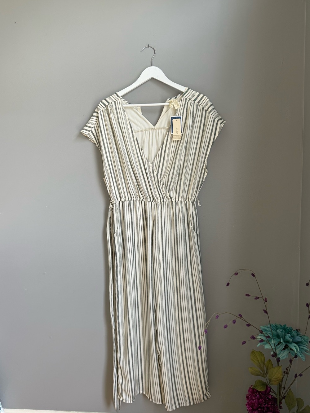 Japna Cream and Black Striped V‑Neck Midi Dress